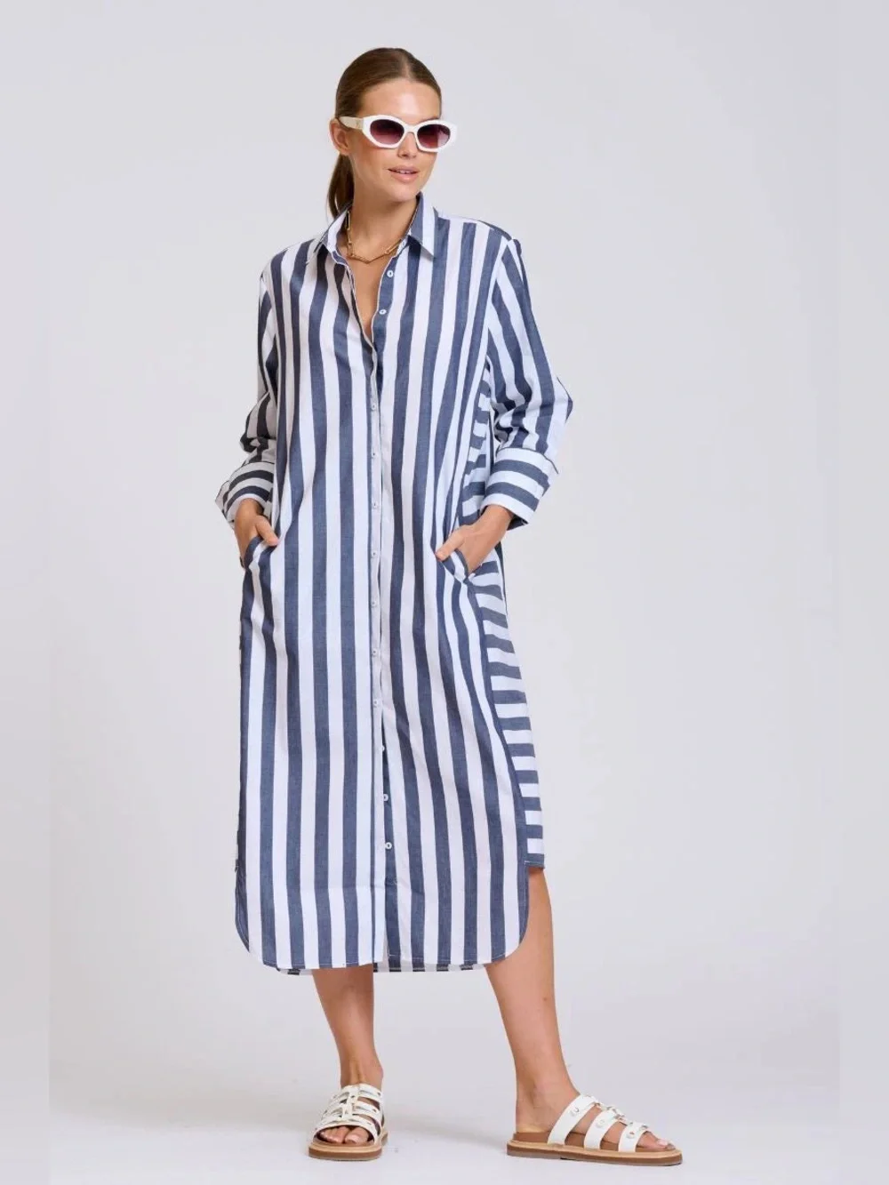 Shirty Luxury Brand Striped Midi Shirt Dress - Black & White - Sz S - NWT - Picture 1 of 12